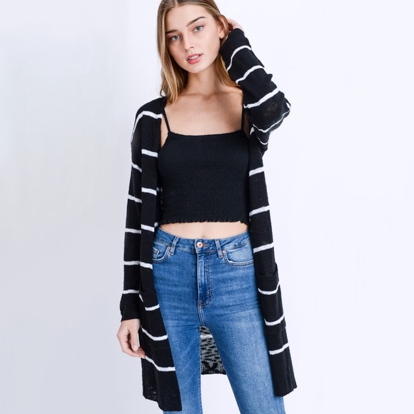 NEW! Black White Striped Cardigan Side Slit - Picture 4 of 7